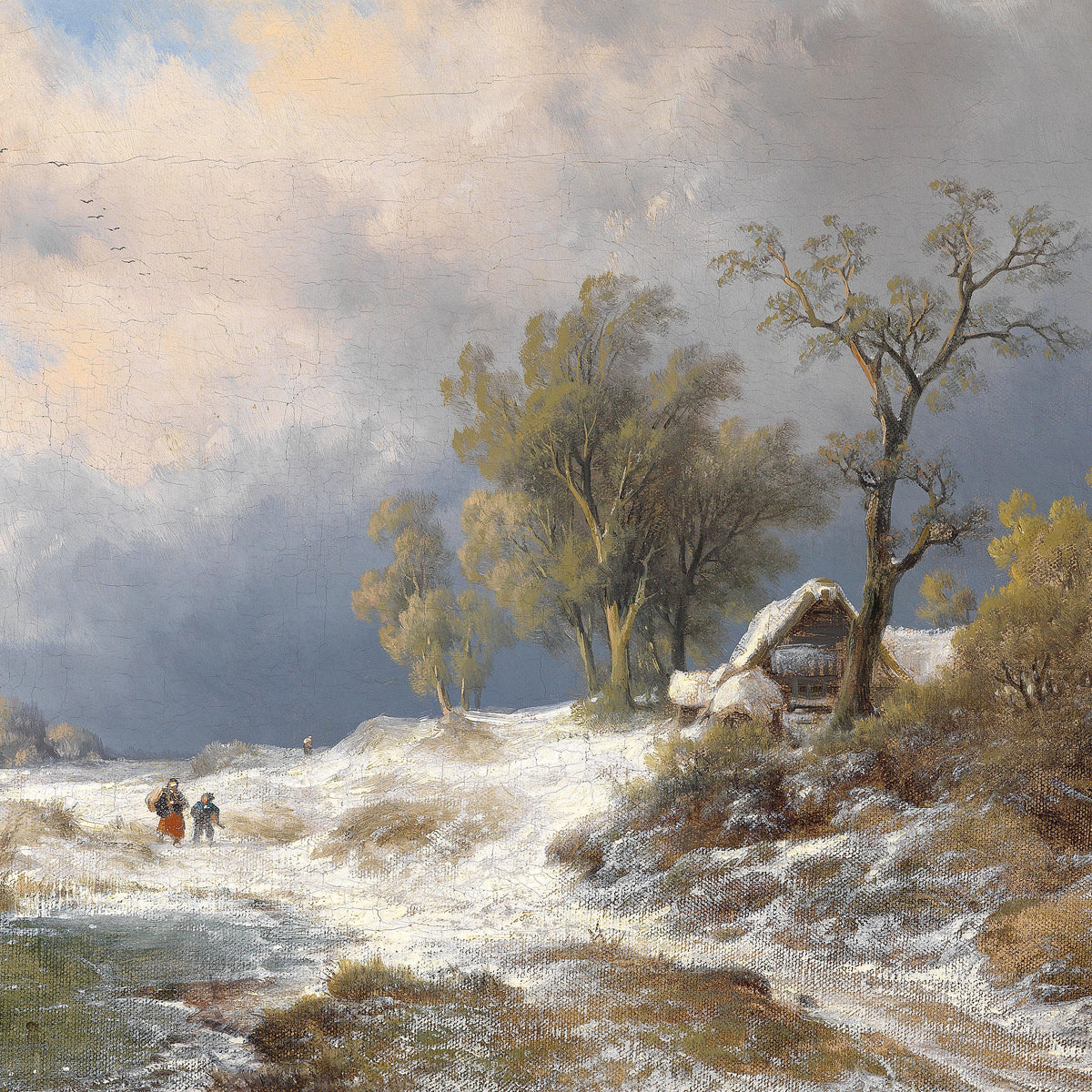 Landscape Oil Painting - Winter Rural Snow, Trees & Partly Frozen Water