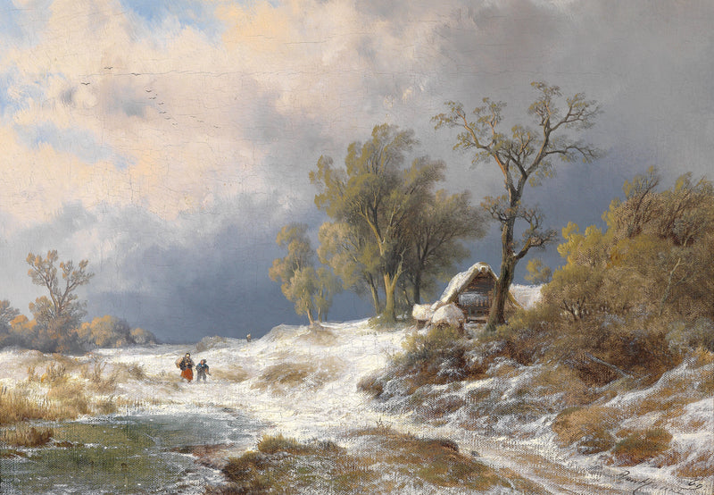Landscape Oil Painting - Winter Rural Snow, Trees & Partly Frozen Water