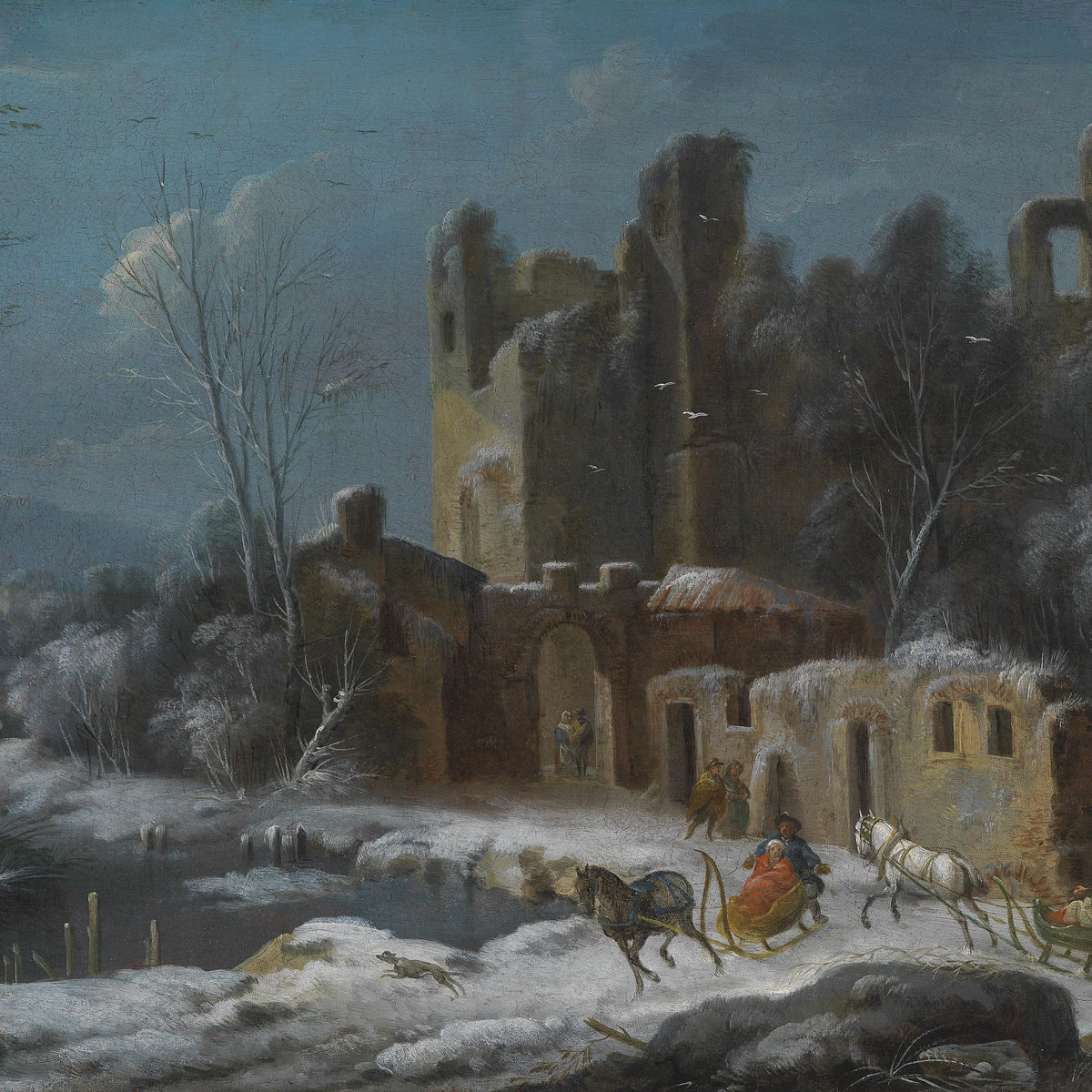Landscape Oil Painting - Winter Castle Ruins, Sleds, Figures & Snowy