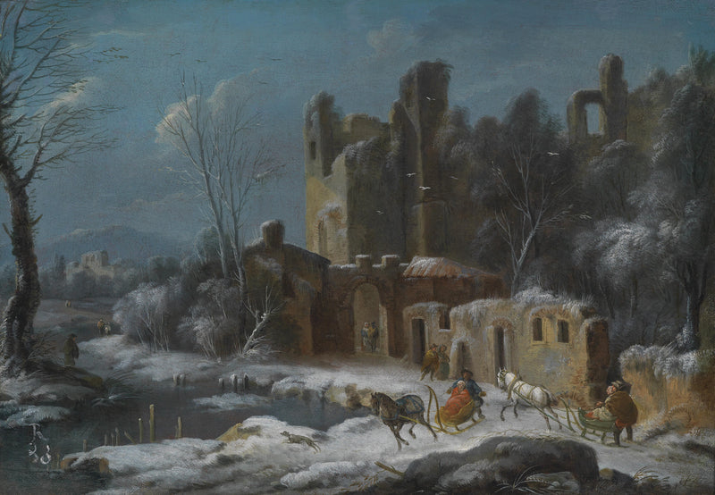 Landscape Oil Painting - Winter Castle Ruins, Sleds, Figures & Snowy