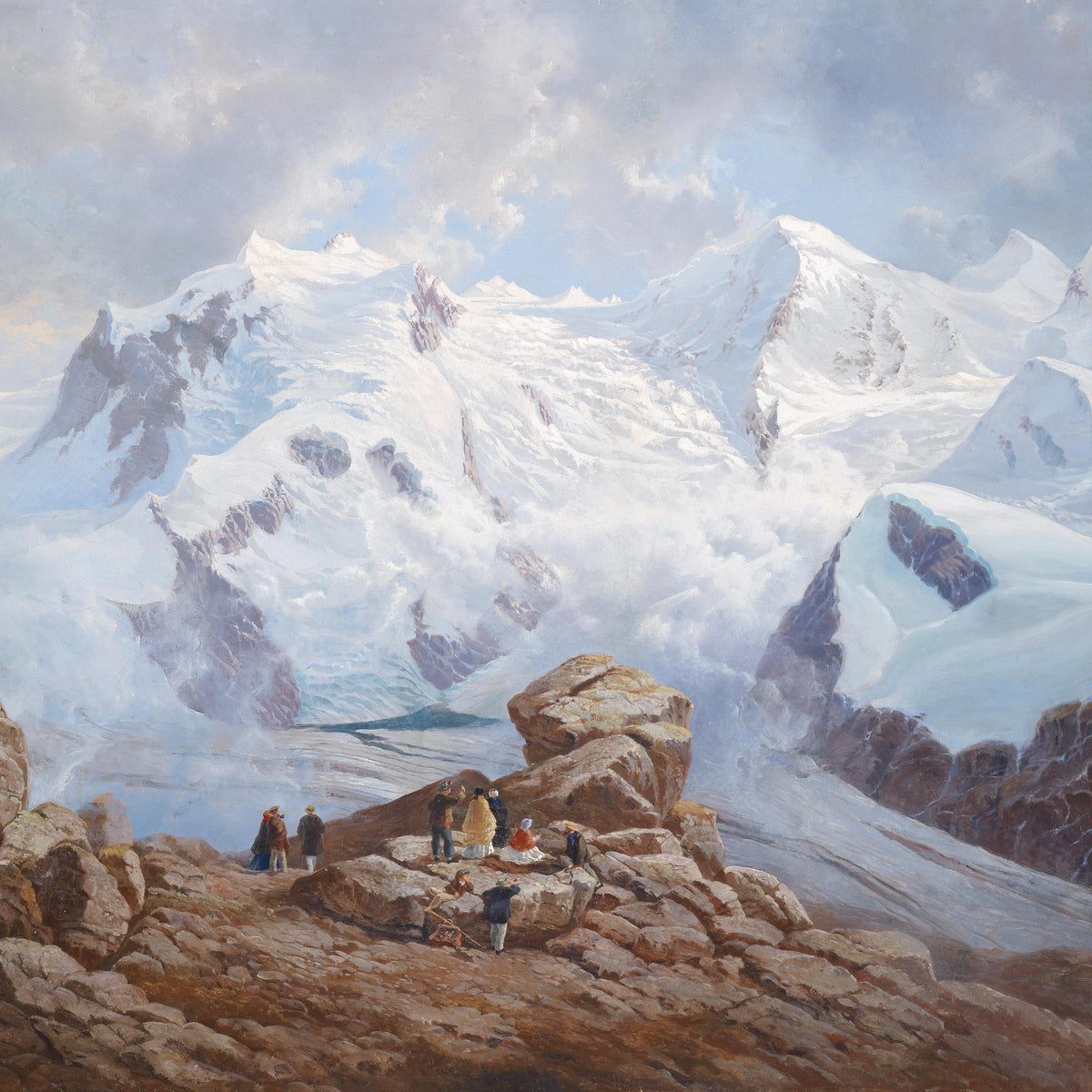 Landscape Oil Painting - Snowy Mountain Peaks & Glacier: Rocky Outcrop