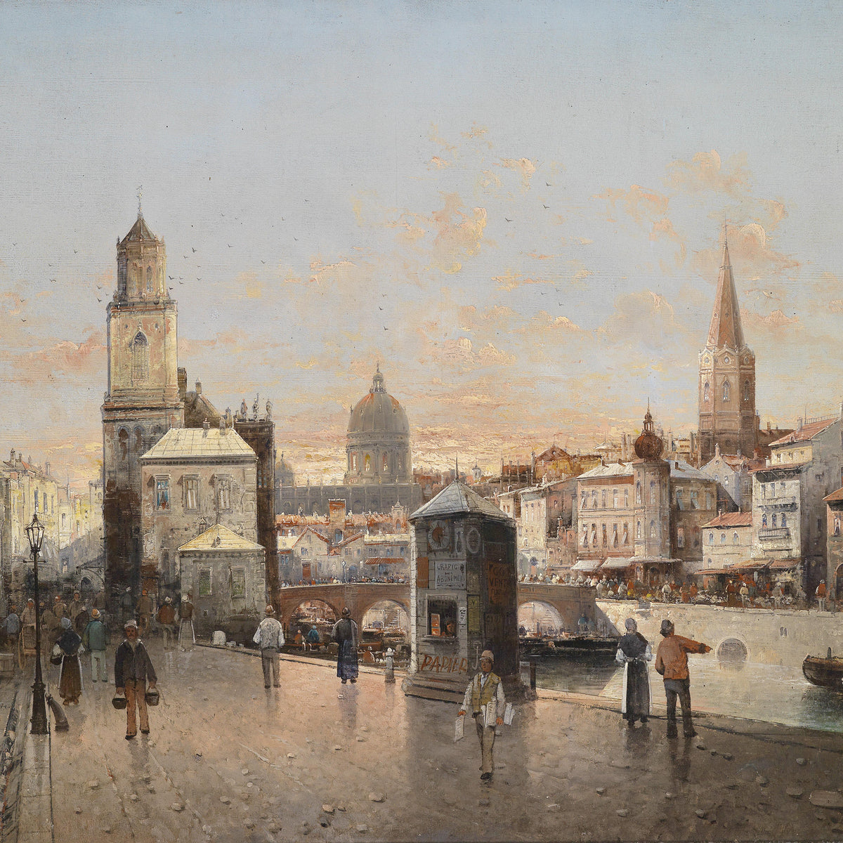 Landscape Oil Painting -Historic City Waterfront, Landmarks, Crowds