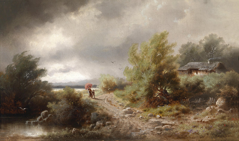 Landscape Oil Painting - Rural Path in Stormy Skies: Red Umbrella Figure