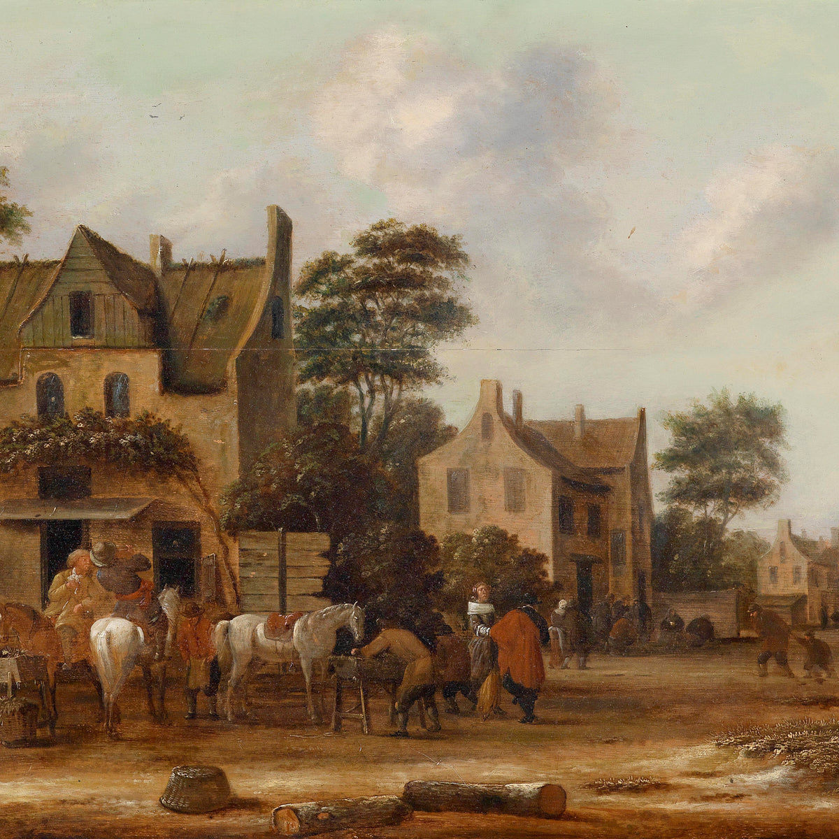 Landscape Oil Painting - Old Village Square, Traditional Buildings, Horses