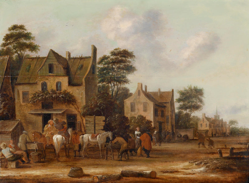 Landscape Oil Painting - Old Village Square, Traditional Buildings, Horses