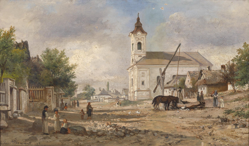 Landscape Oil Painting - Rural Village Square: Church & Horse Well Scene