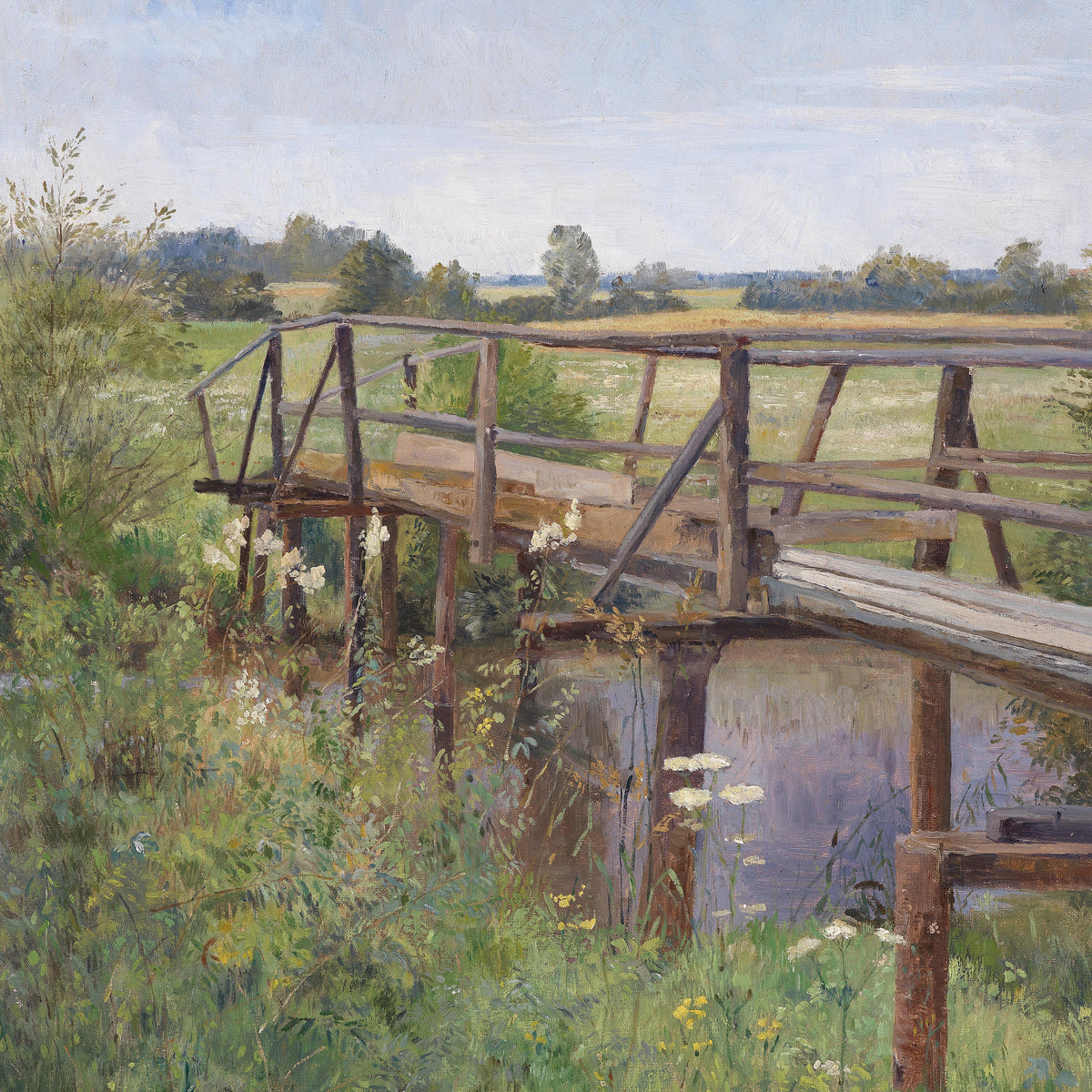 Landscape Oil Painting - Rural Wooden Bridge: Wildflowers & Country Field