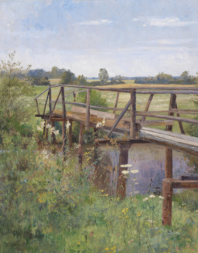 Landscape Oil Painting - Rural Wooden Bridge: Wildflowers & Country Field