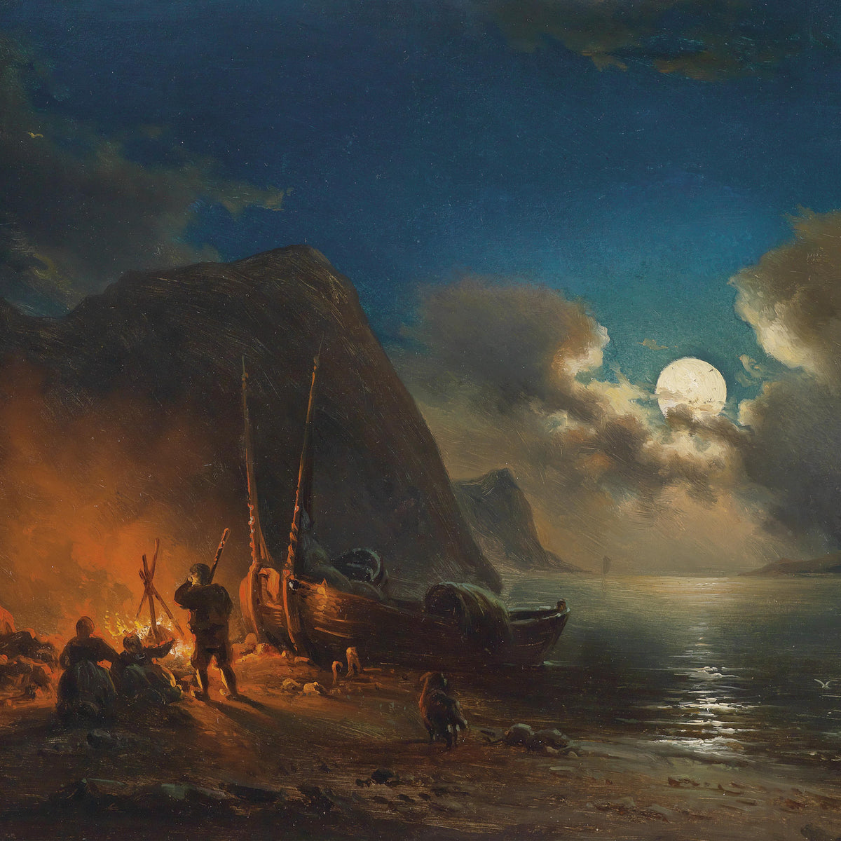 Landscape Oil Painting - Moonlit Coastal Shore: Bonfire, Fishing Boats