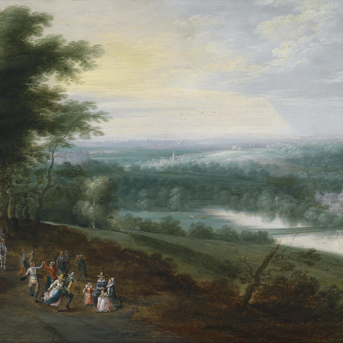 Landscape Oil Painting -Rural Road, Carriage, Figures & Buildings