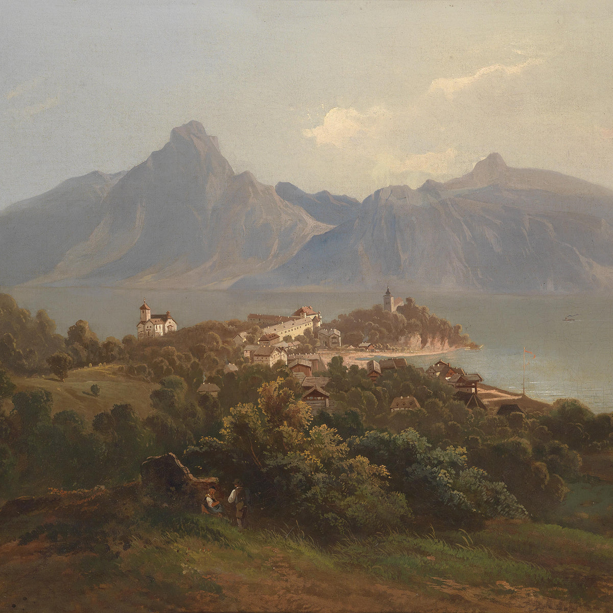 Landscape Oil Painting - Lakefront Mountain Town: Church, Castle