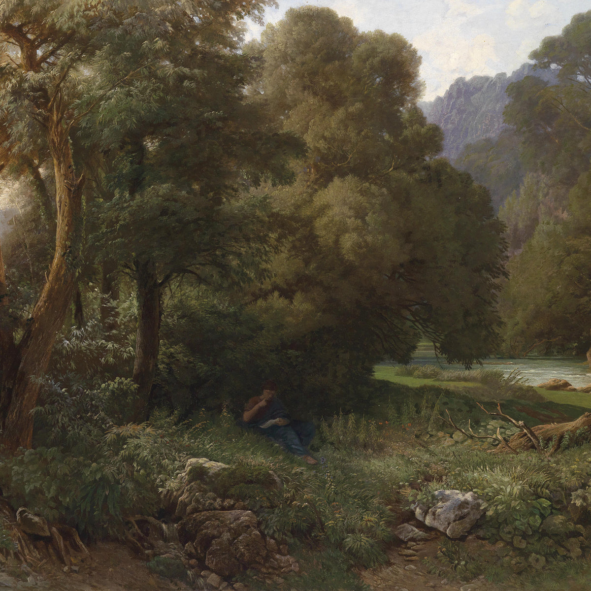 Landscape Oil Painting - Wooded Riverbank: Reading Figure