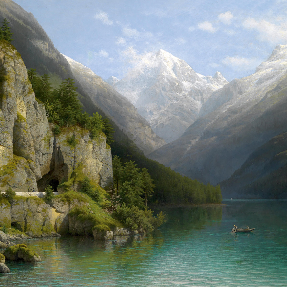 Landscape Oil Painting - Mountain Valley Lake: Cave Path, Boat