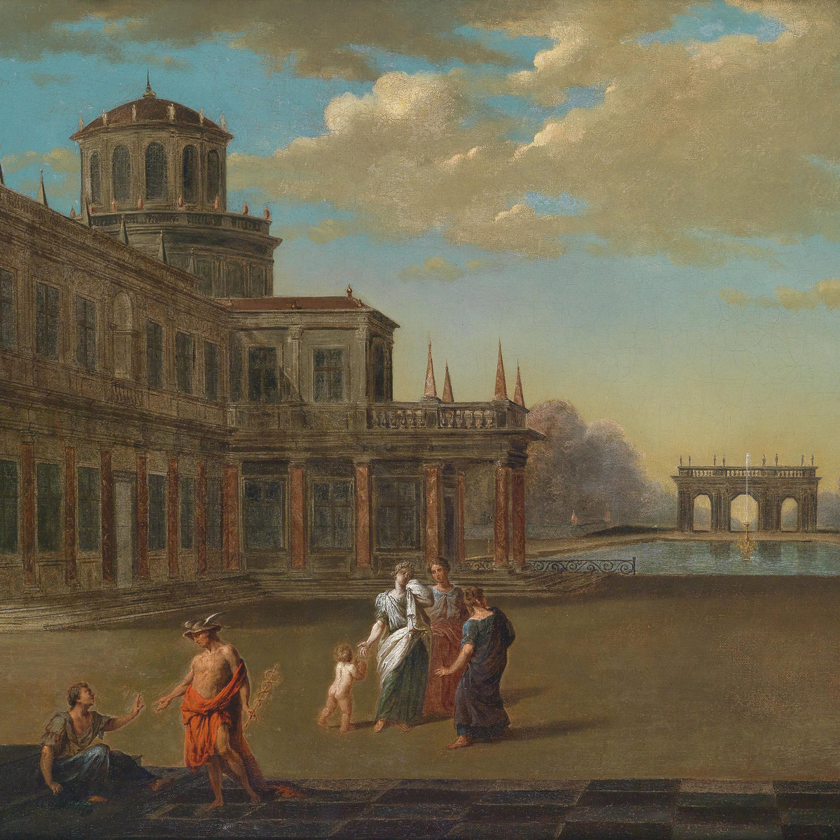 Landscape Oil Painting - Classical Palace Garden: Figures, Archway