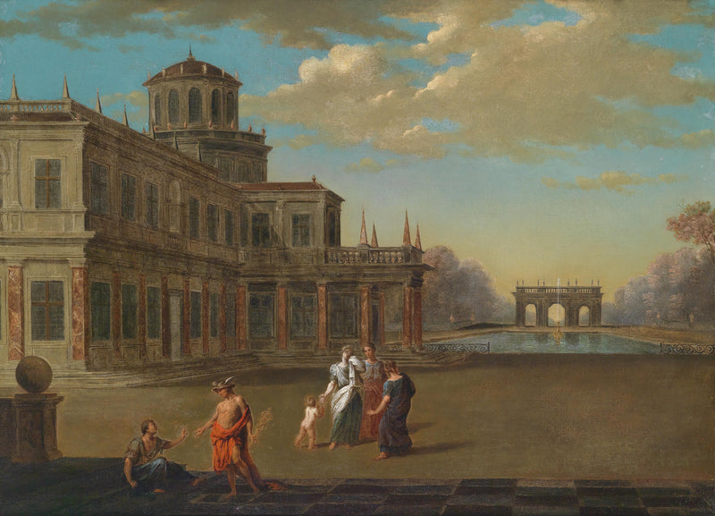 Landscape Oil Painting - Classical Palace Garden: Figures, Archway