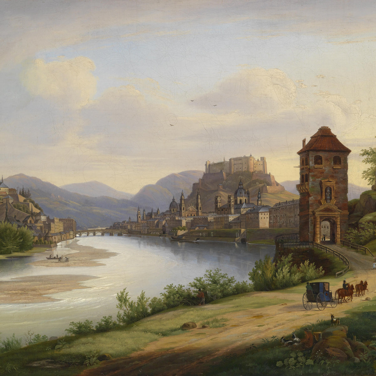 Landscape Oil Painting - Riverfront Town & Hilltop Castle: Carriage