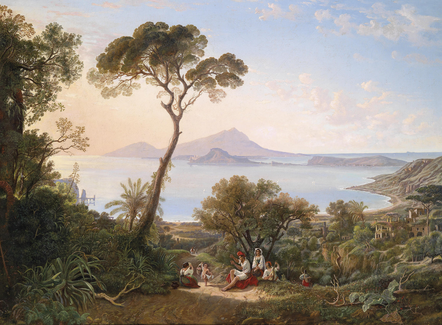 Landscape Oil Painting - Mediterranean Bay & Tropical Trees Coastal