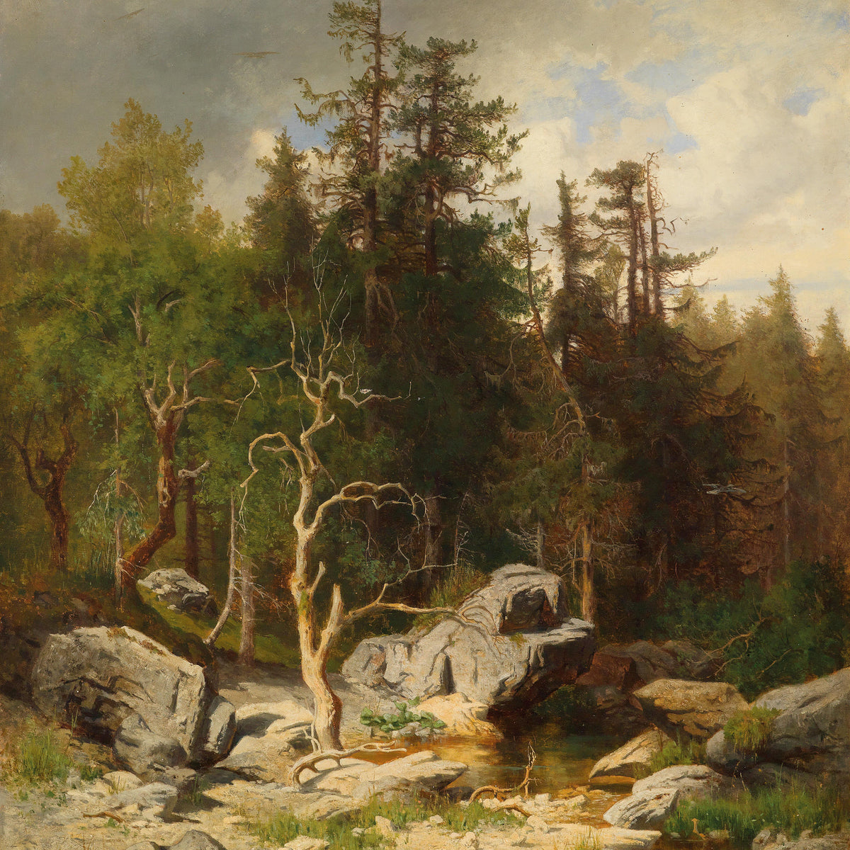 Landschaftsgemälde in Öl – Wald mit Felsen, Bach und knorrigem Baum