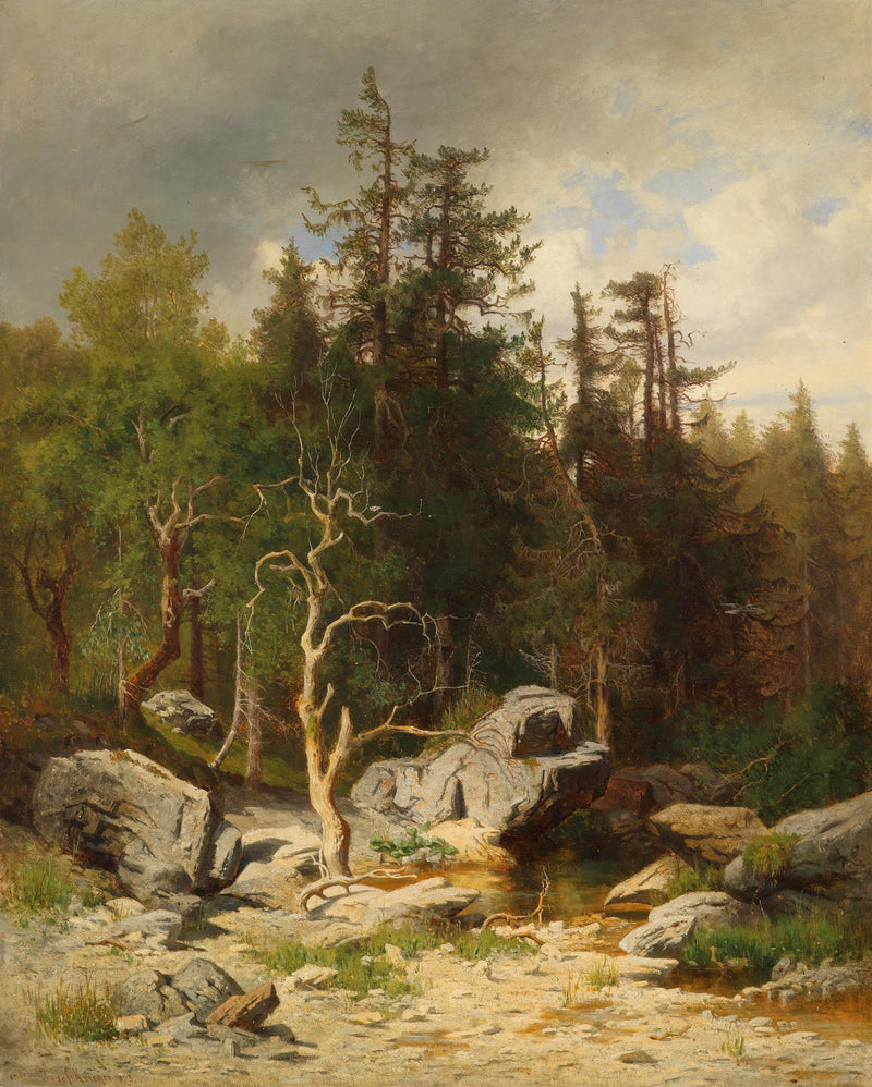 Landschaftsgemälde in Öl – Wald mit Felsen, Bach und knorrigem Baum