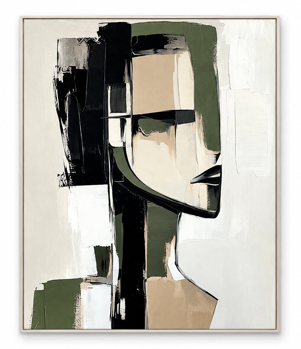 Abstract Oil Painting - Olive Green and Black Geometric Canvas