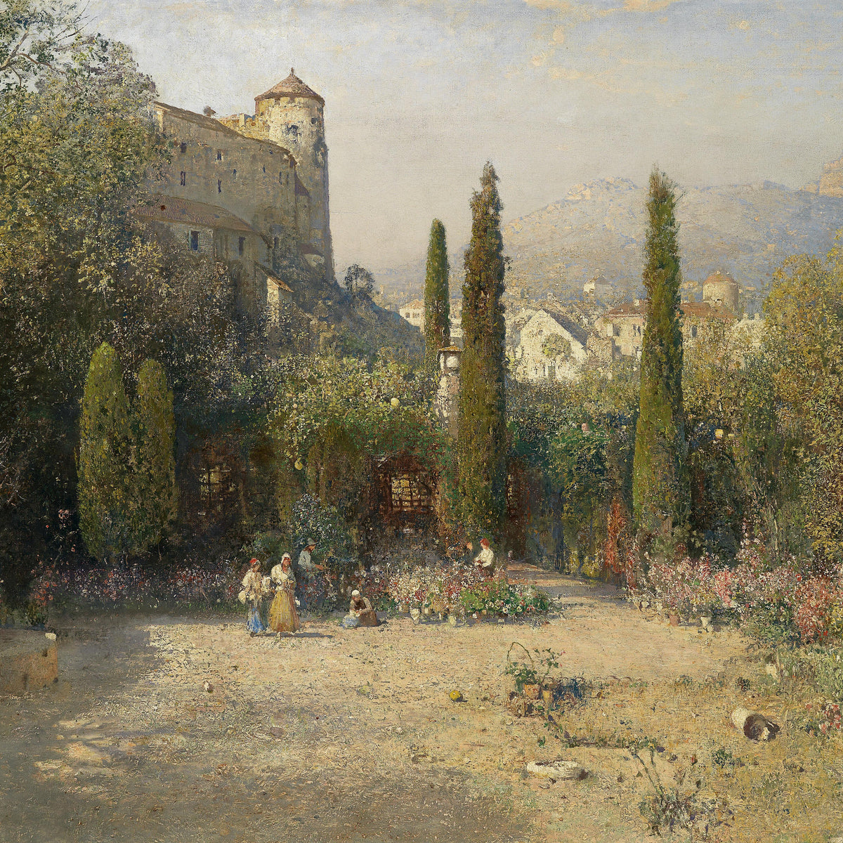 Landscape Oil Painting - Castle Garden with Cypress Trees: Figures, Flowers & Town