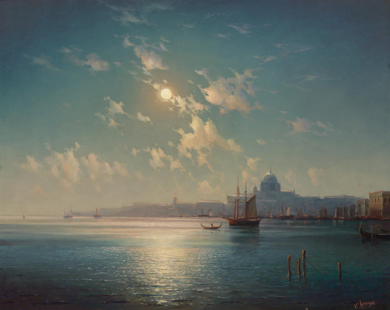 Moonlit Harbor at Venice | Hand-Painted Seascape Oil Painting