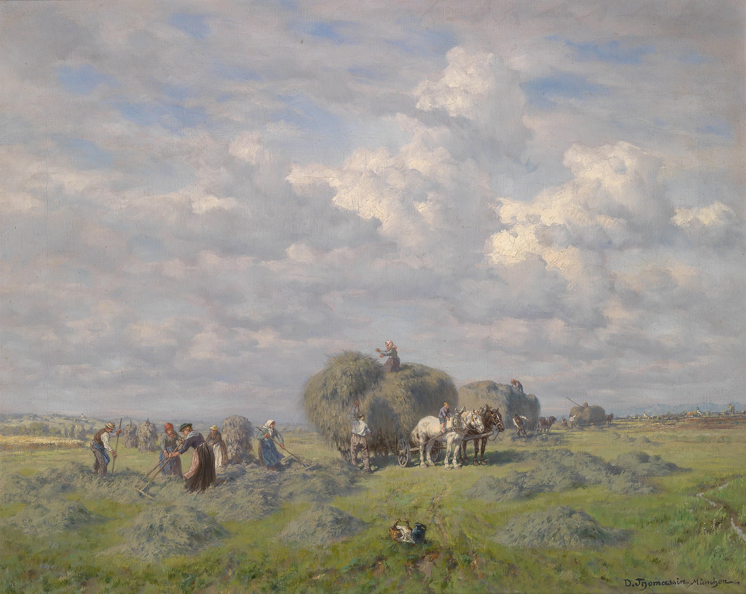 Landscape Oil Painting - Hay Harvest in Field: Farmers & Cloudy Sky