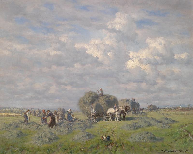 Landscape Oil Painting - Hay Harvest in Field: Farmers & Cloudy Sky