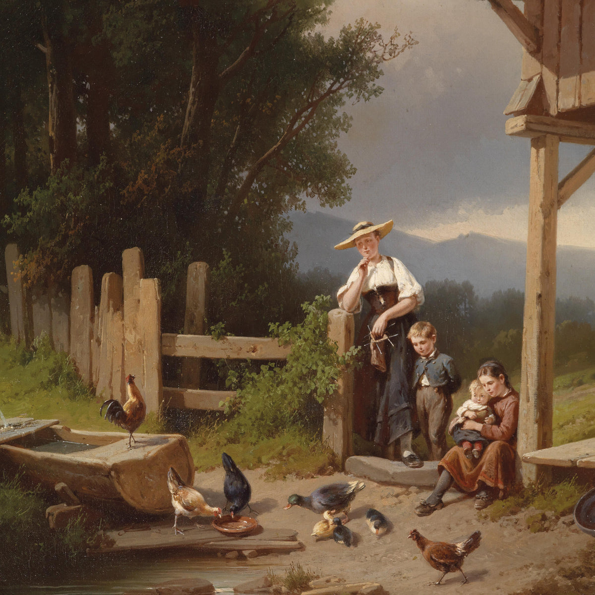 Landscape Oil Painting - Rural Farmyard: Family, Poultry & Well Scene