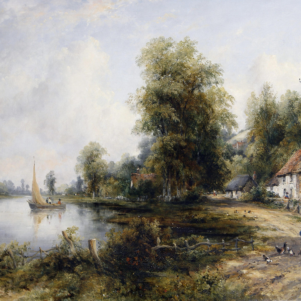 Hand-Painted Riverside Village Harbor - Landscape Oil Painting