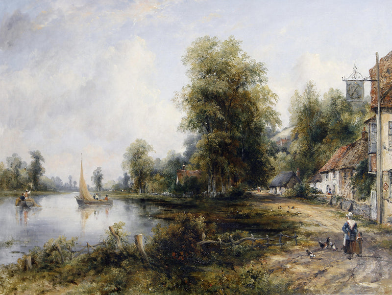 Hand-Painted Riverside Village Harbor - Landscape Oil Painting