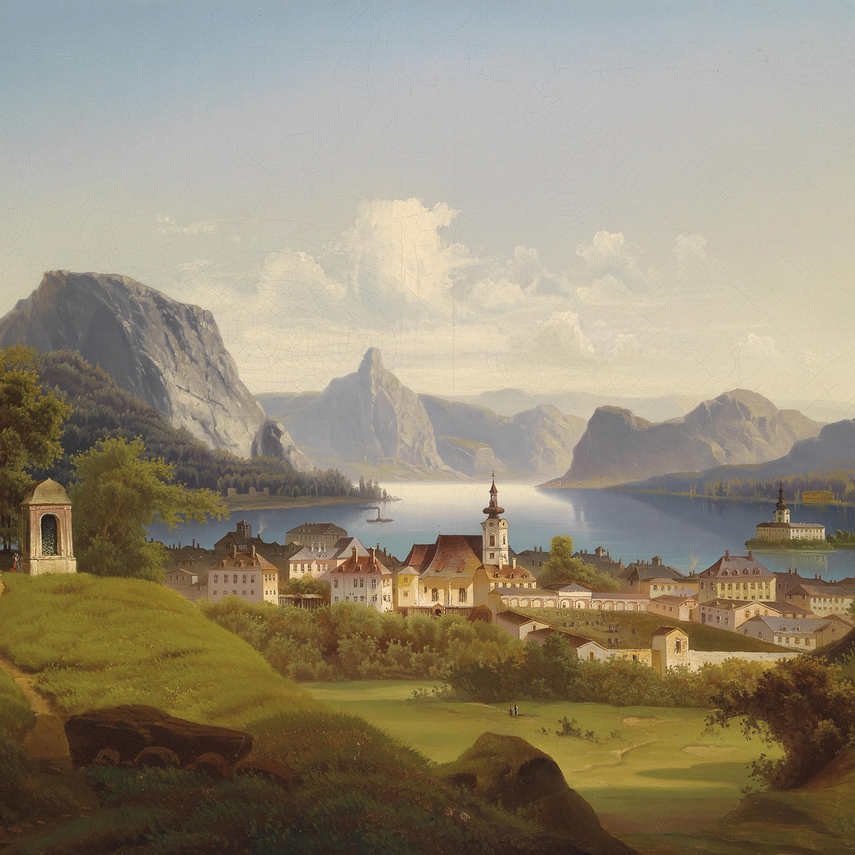 Landscape Oil Painting - Lakeside Town & Mountain, Chapel & Lake Vesse