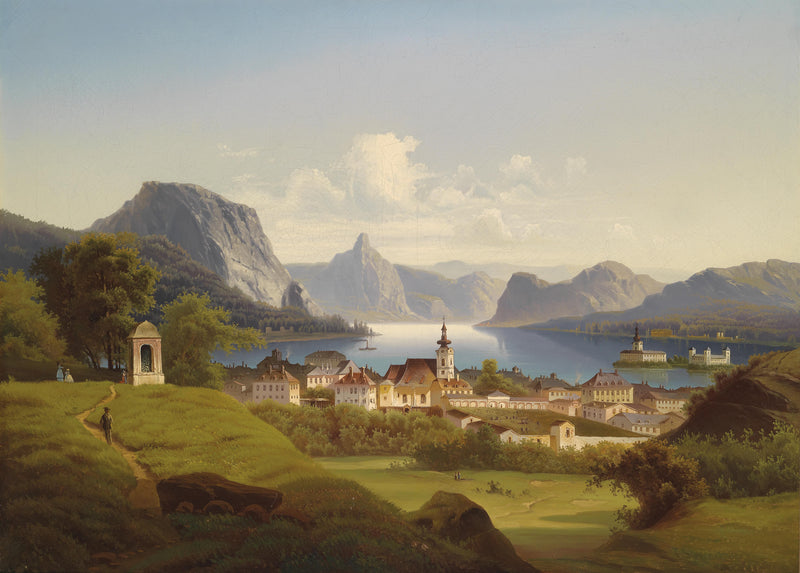 Landscape Oil Painting - Lakeside Town & Mountain, Chapel & Lake Vesse