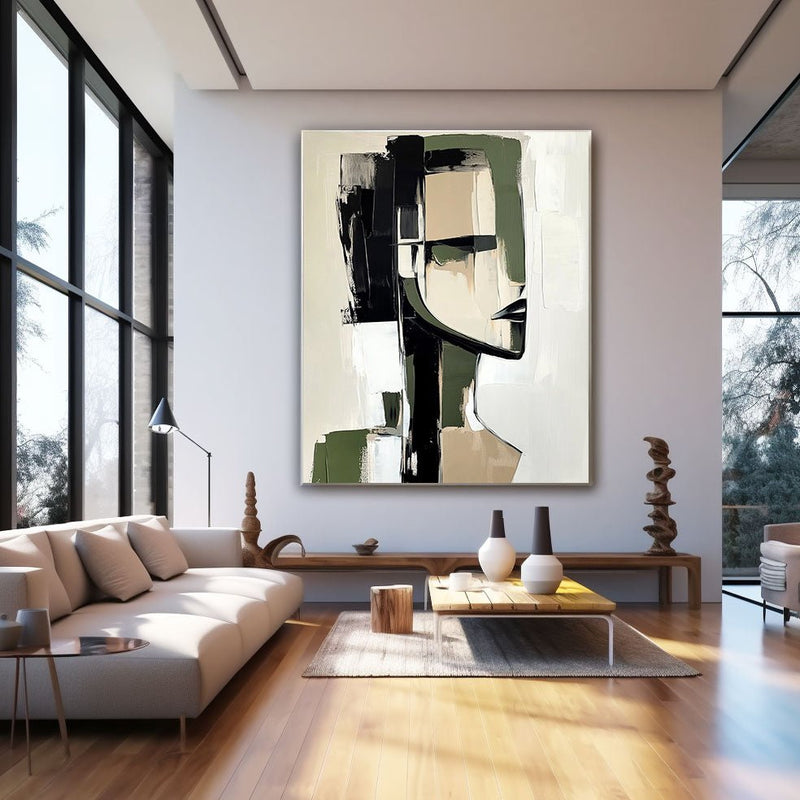 Abstract Oil Painting - Olive Green and Black Geometric Canvas