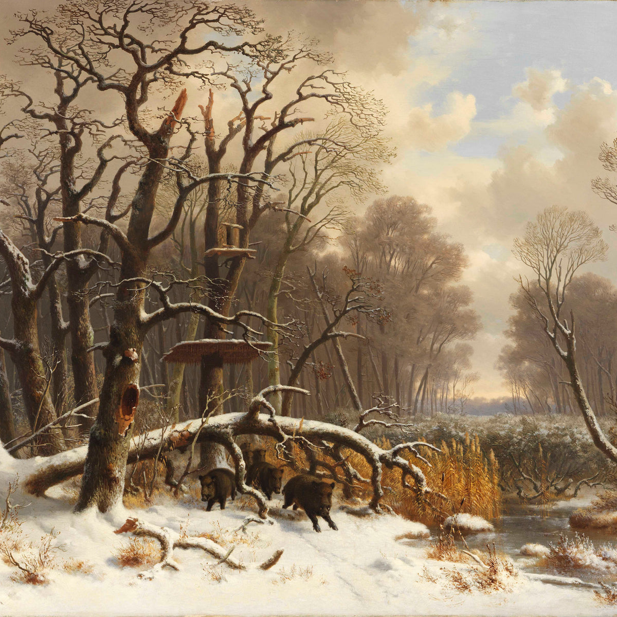 Peinture à l'huile de paysage - Forêt d'hiver enneigée, arbres dénudés et mirador de chasse