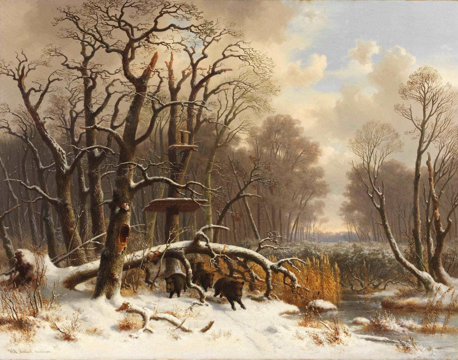 Peinture à l'huile de paysage - Forêt d'hiver enneigée, arbres dénudés et mirador de chasse