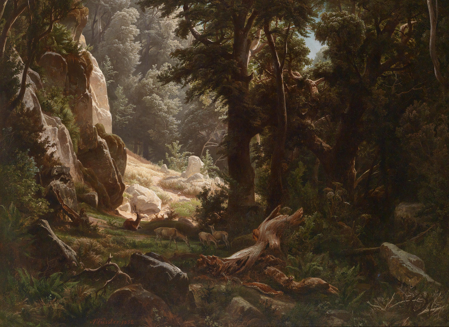 Landscape Oil Painting - Dense Forest & Deer Herd: Rocks, Sunlit Glade