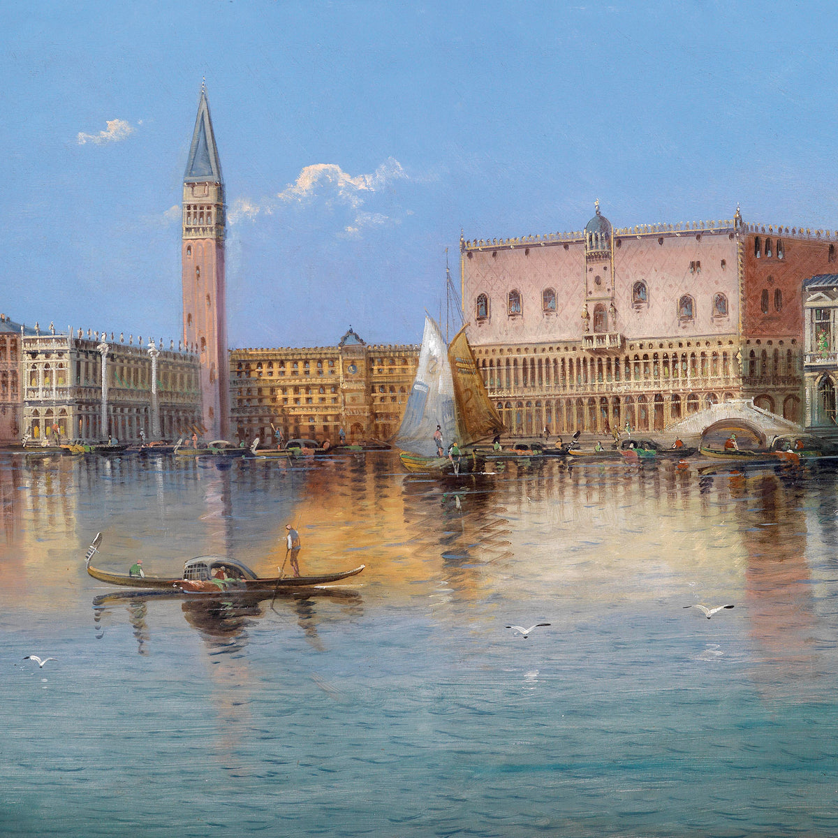Landscape Oil Painting - Venice Waterfront: Campanile & Sailing Ships