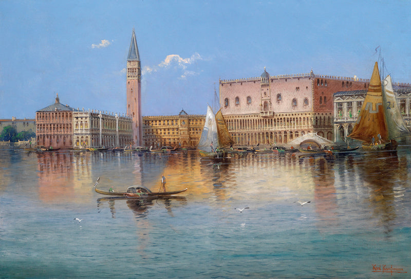Landscape Oil Painting - Venice Waterfront: Campanile & Sailing Ships