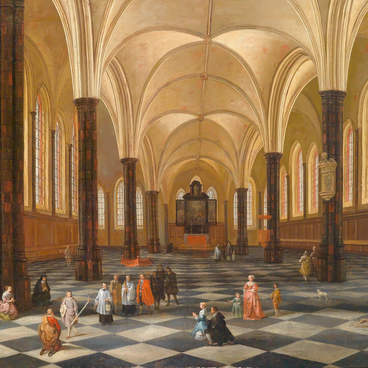 Landscape Oil Painting - Gothic Church Interior: Checkered Floor & Altar