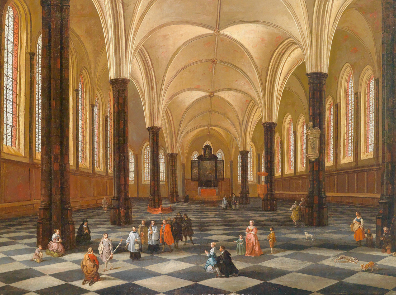 Landscape Oil Painting - Gothic Church Interior: Checkered Floor & Altar