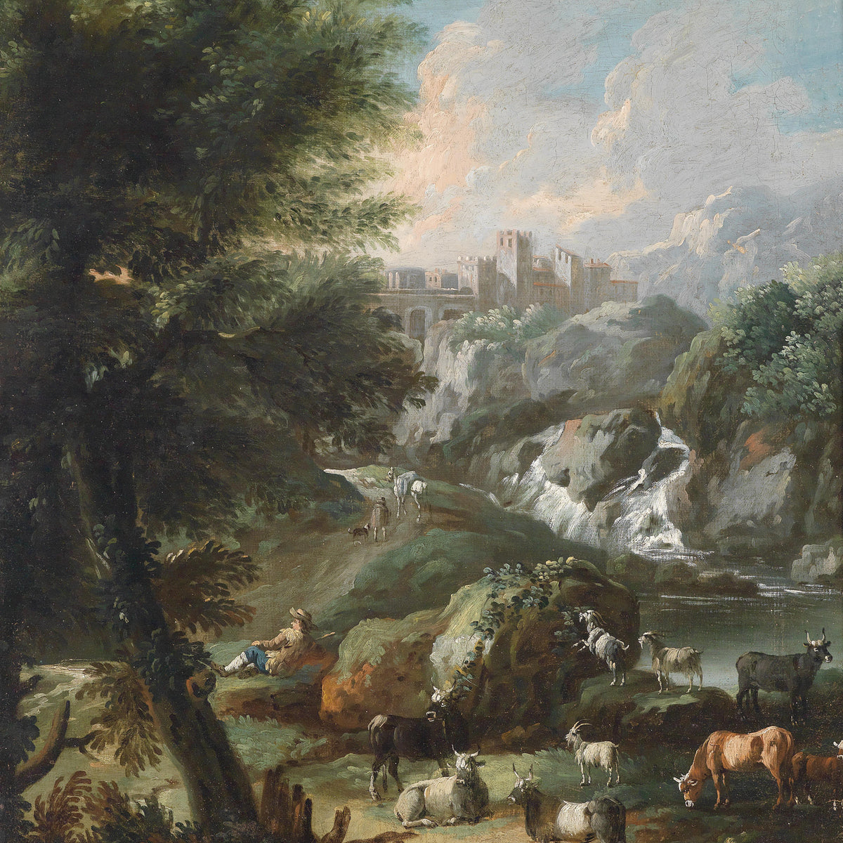 Landscape Oil Painting - Mountain Valley with Livestock: Waterfall, Herder