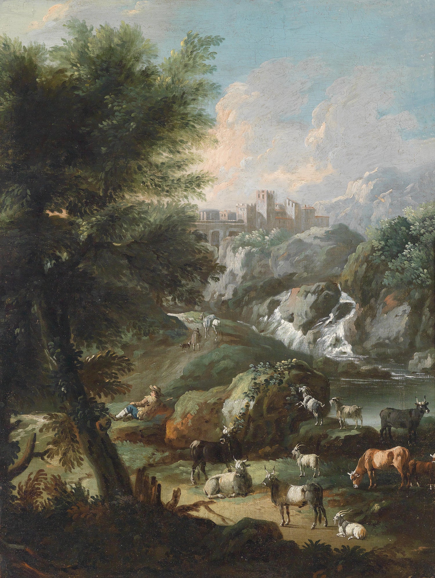 Landscape Oil Painting - Mountain Valley with Livestock: Waterfall, Herder