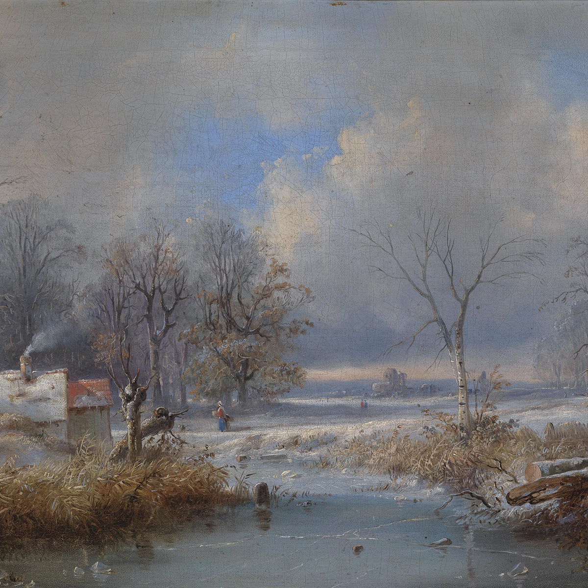 Landscape Oil Painting - Winter,Icy Stream, Smoking Cottage & Castle