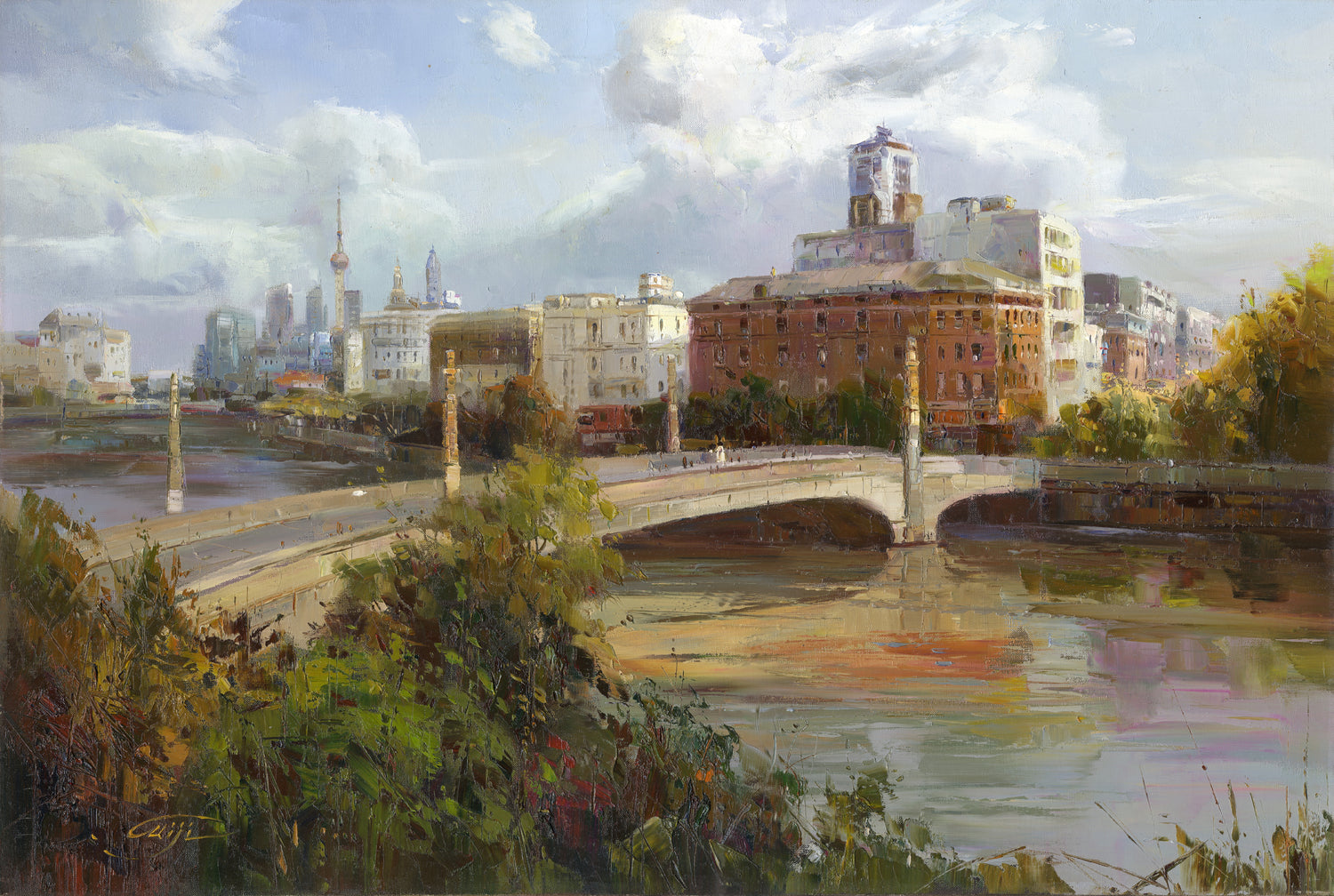 Landscape Oil Painting - Shanghai Cityscape: Oriental Pearl Skyline