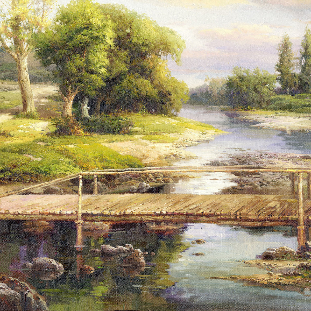 Landscape Oil Painting - Rural River, Wooden Bridge & Country Path