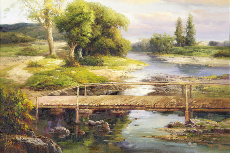 Landscape Oil Painting - Rural River, Wooden Bridge & Country Path