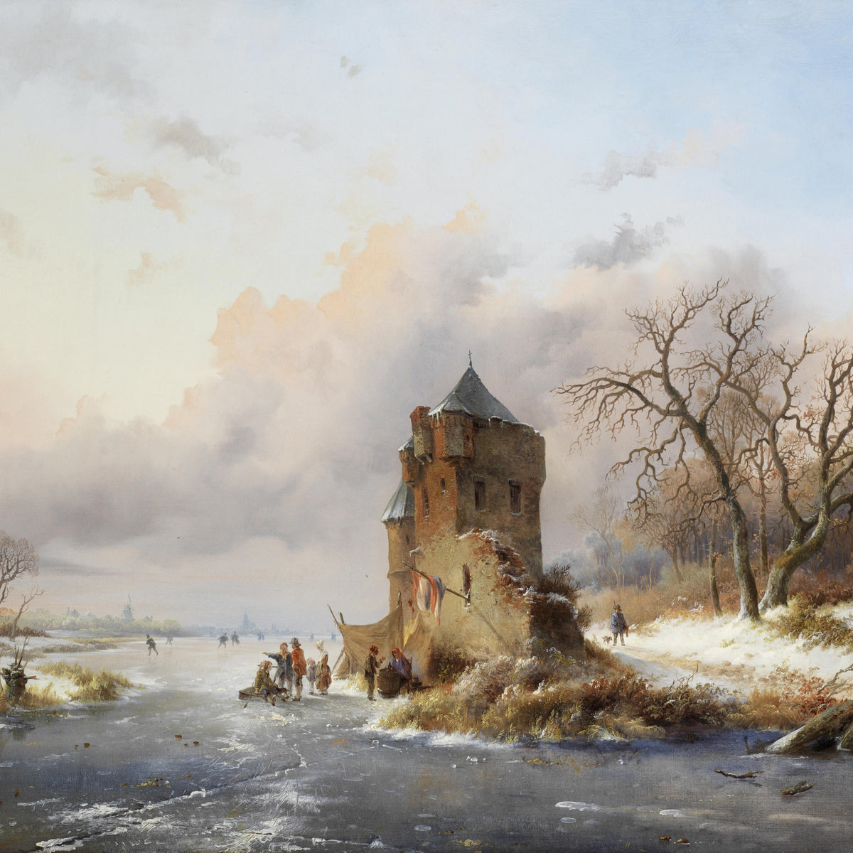 Landscape Oil Painting - Winter Castle Beside a Frozen River