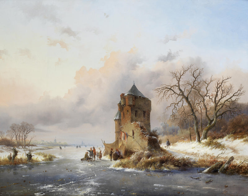Landscape Oil Painting - Winter Castle Beside a Frozen River