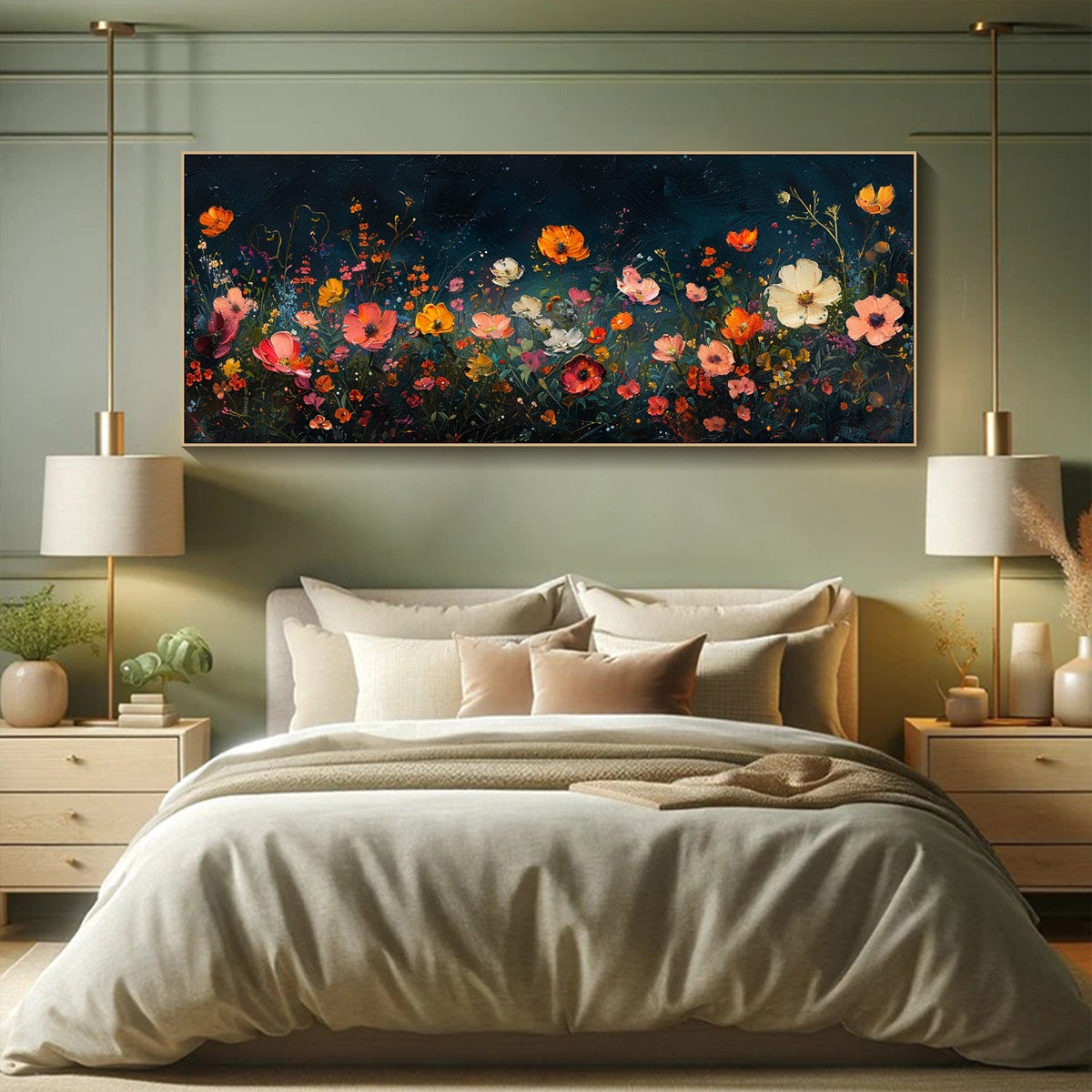 Abstract Oil Painting - Colorful Midnight Wildflowers on Canvas